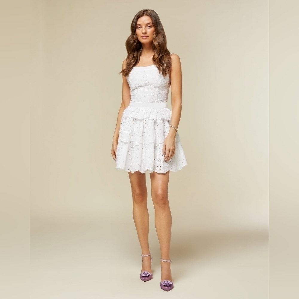 Rachel Parcell White Eyelet Tiered Mini Dress Lace Up Back